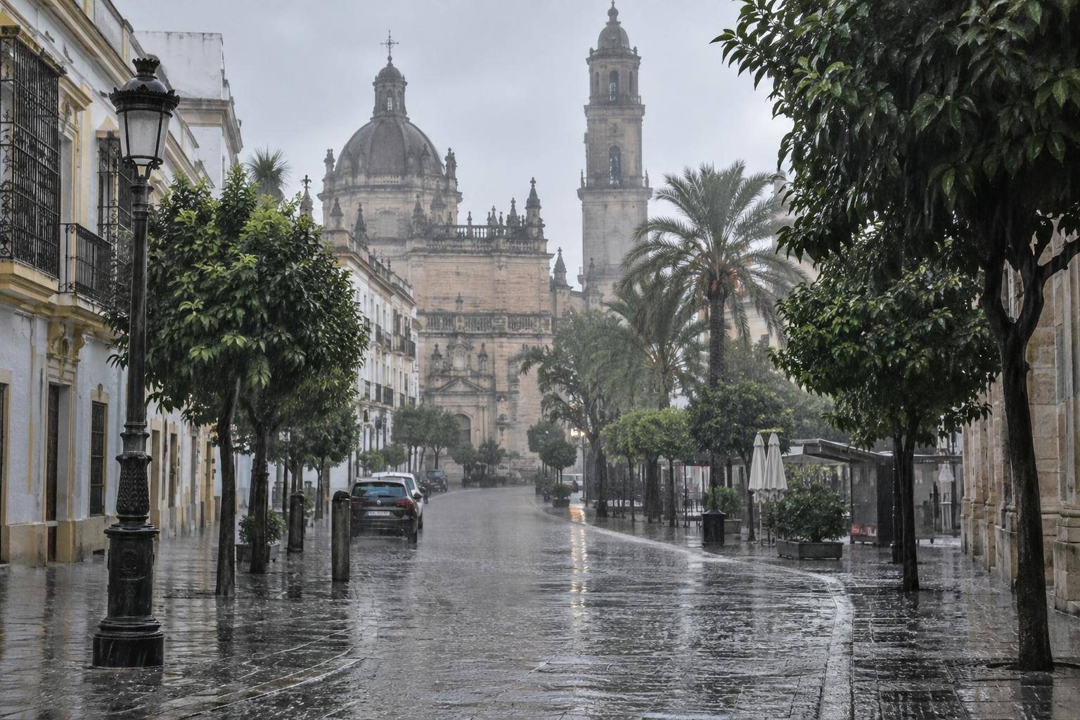 Imagen ilustrativa: Calle urbana bajo lluvia intensa, con pavimento mojado y sin personas reconocibles.