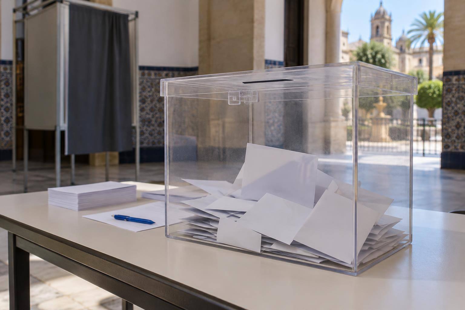 Imagen ilustrativa: Urna electoral transparente con sobres sobre una mesa, sin personas ni distintivos de partidos