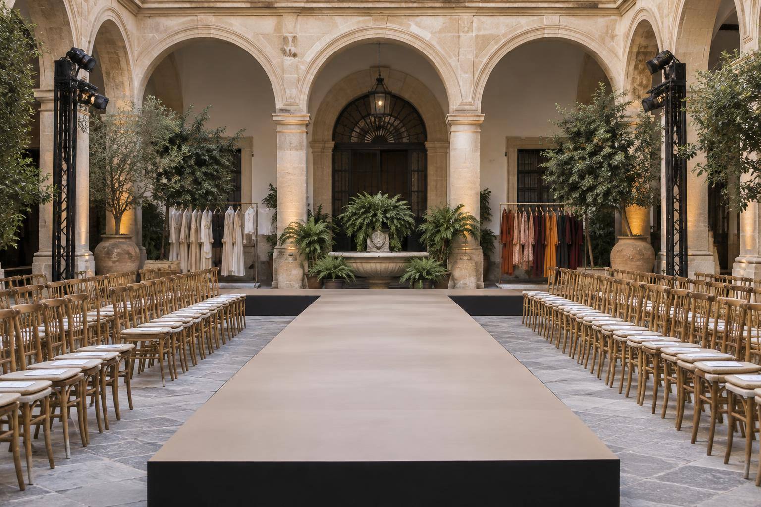 Imagen ilustrativa: Pasarela de moda vacía en un patio histórico, con sillas a ambos lados y percheros con prendas al fondo, sin personas reconocibles.