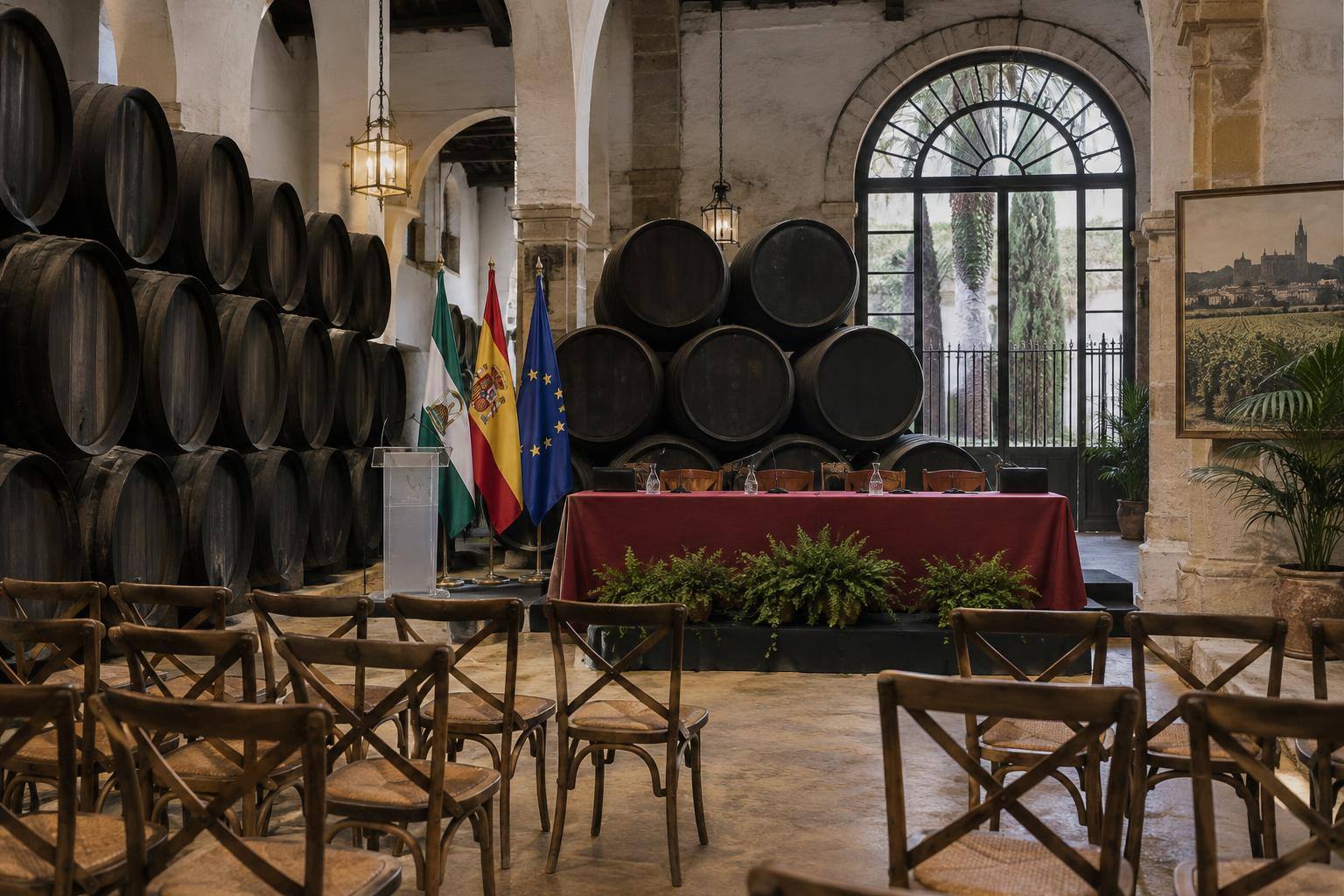Imagen ilustrativa: Interior de una bodega con botas de vino y un espacio dispuesto para un acto institucional, sin personas reconocibles.