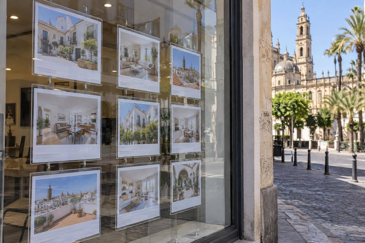 Imagen ilustrativa: Escaparate de una inmobiliaria con anuncios de viviendas en venta, sin personas reconocibles.