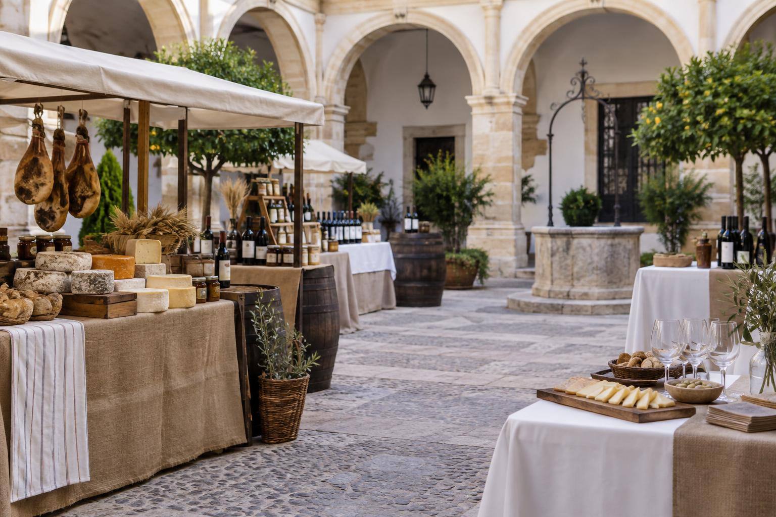 Imagen ilustrativa: Puestos de productos alimentarios artesanales y mesas de degustación en un patio porticado, sin personas reconocibles.