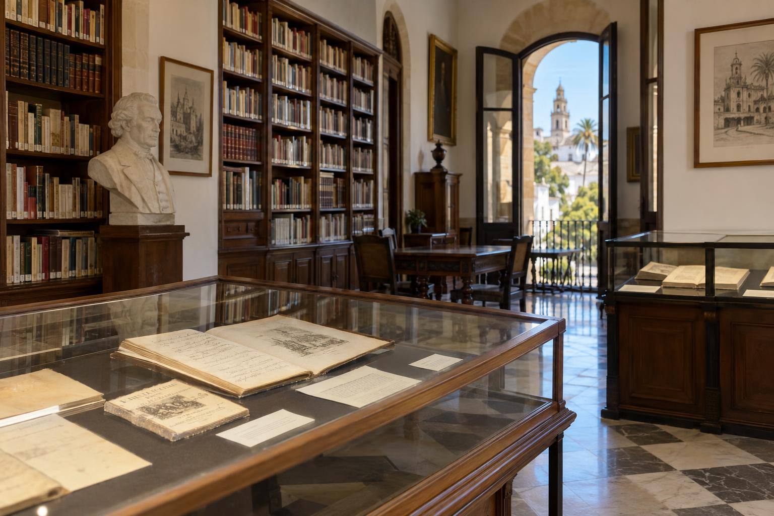 Imagen ilustrativa: Sala de una institución literaria con estanterías de libros y vitrinas de documentos, sin personas reconocibles.