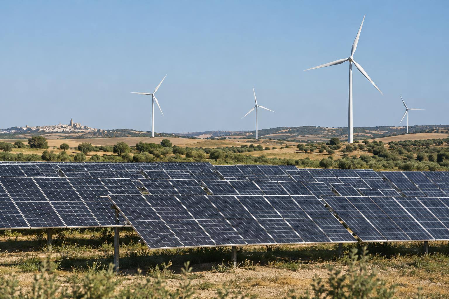 Imagen ilustrativa: Paneles solares fotovoltaicos en un terreno rural con aerogeneradores al fondo, sin personas ni ubicaciones identificables