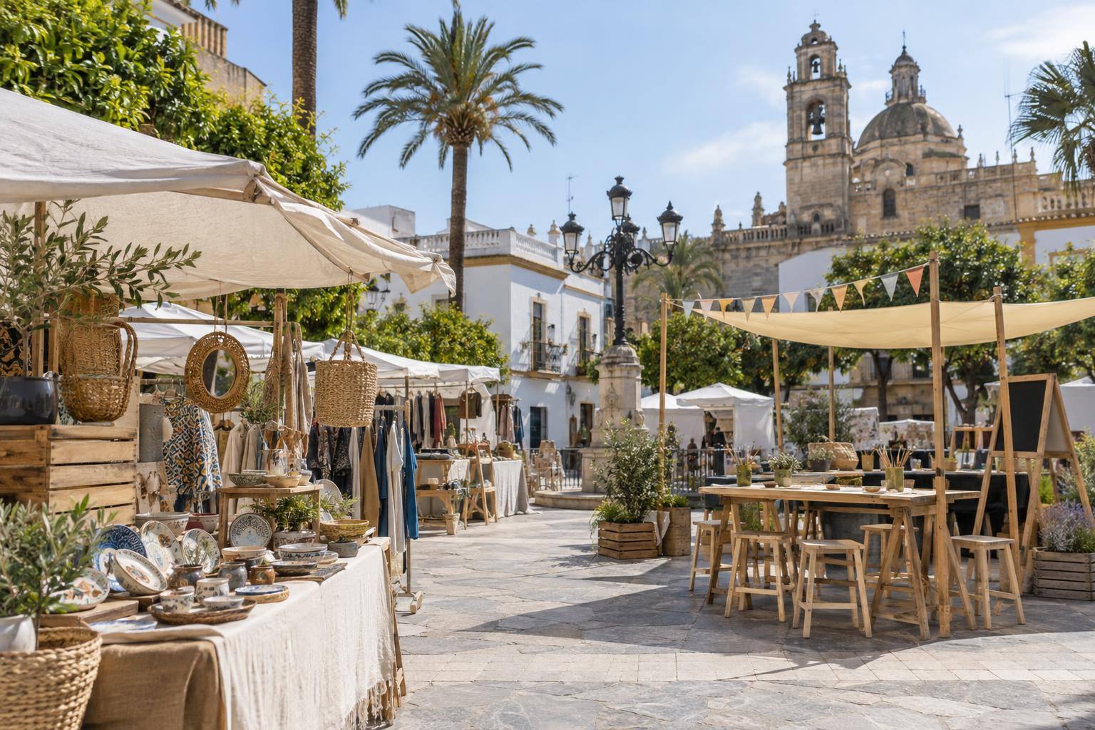 Imagen ilustrativa: Mercadillo al aire libre con puestos de pequeños comercios y un espacio para talleres en una plaza de barrio, sin personas reconocibles.