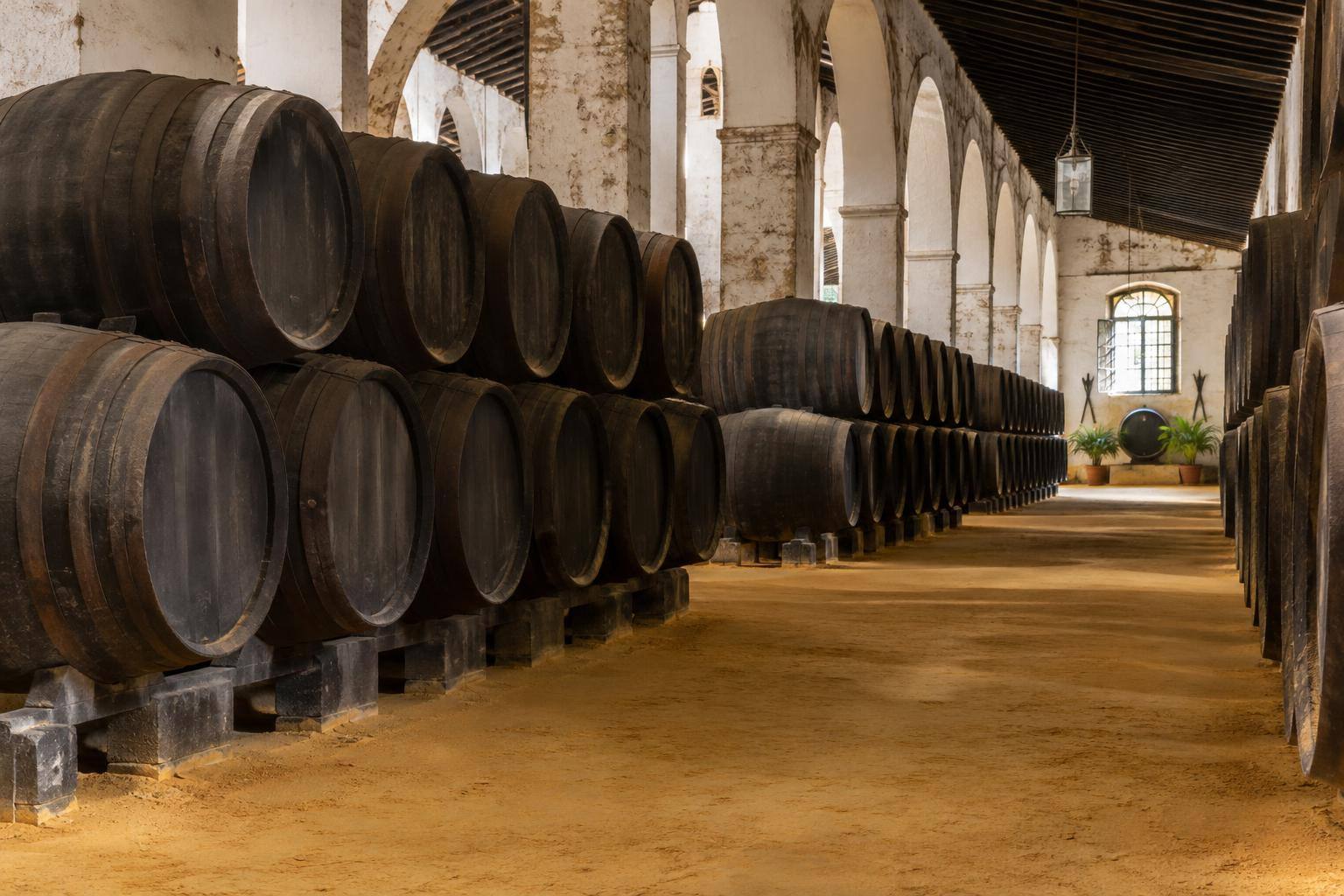 Imagen ilustrativa: Interior de una bodega tradicional con filas de botas de madera y suelo de albero, sin personas reconocibles.