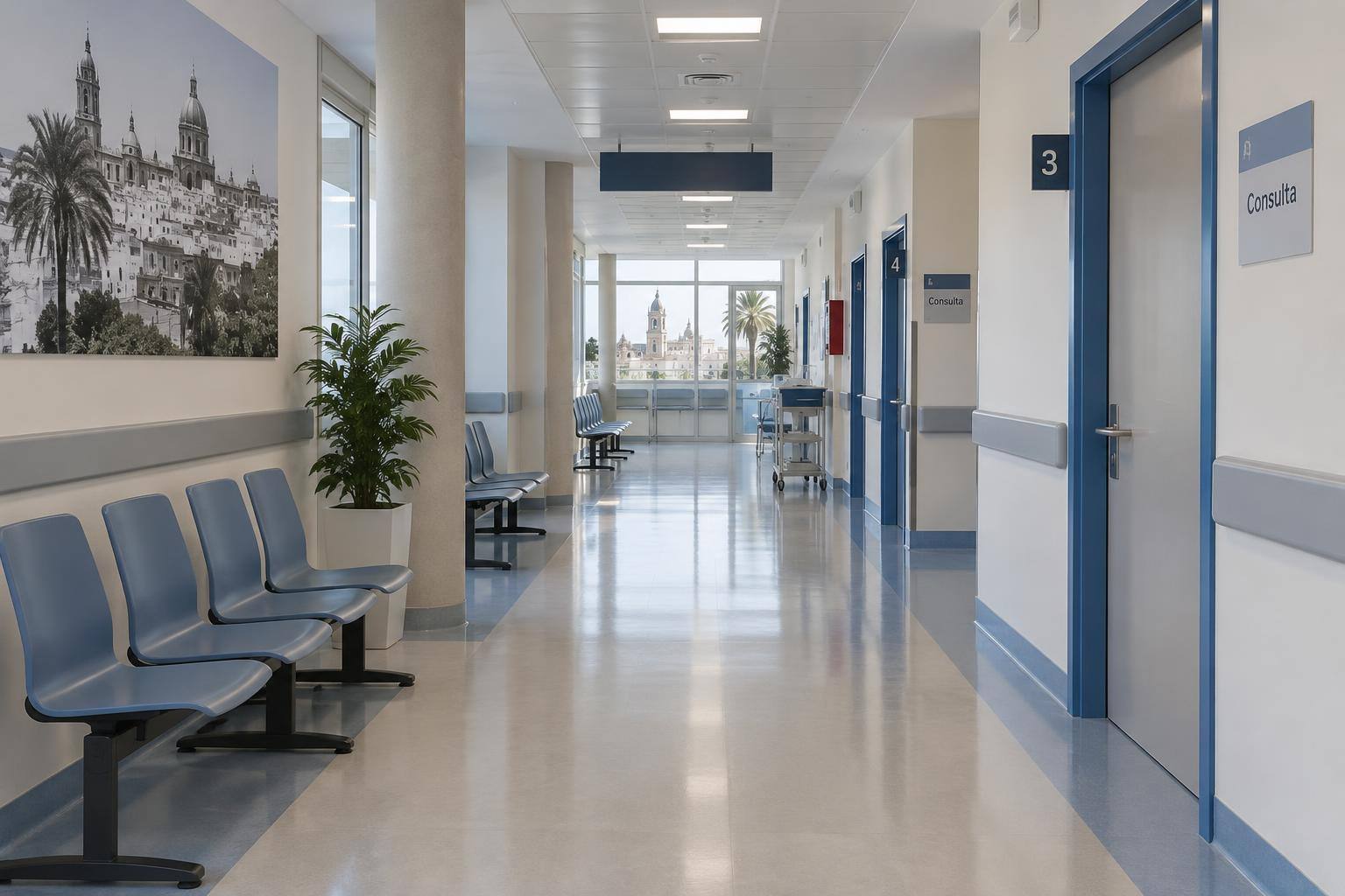 Imagen ilustrativa: Pasillo de un hospital público con puertas de consultas y asientos de espera, sin personas reconocibles