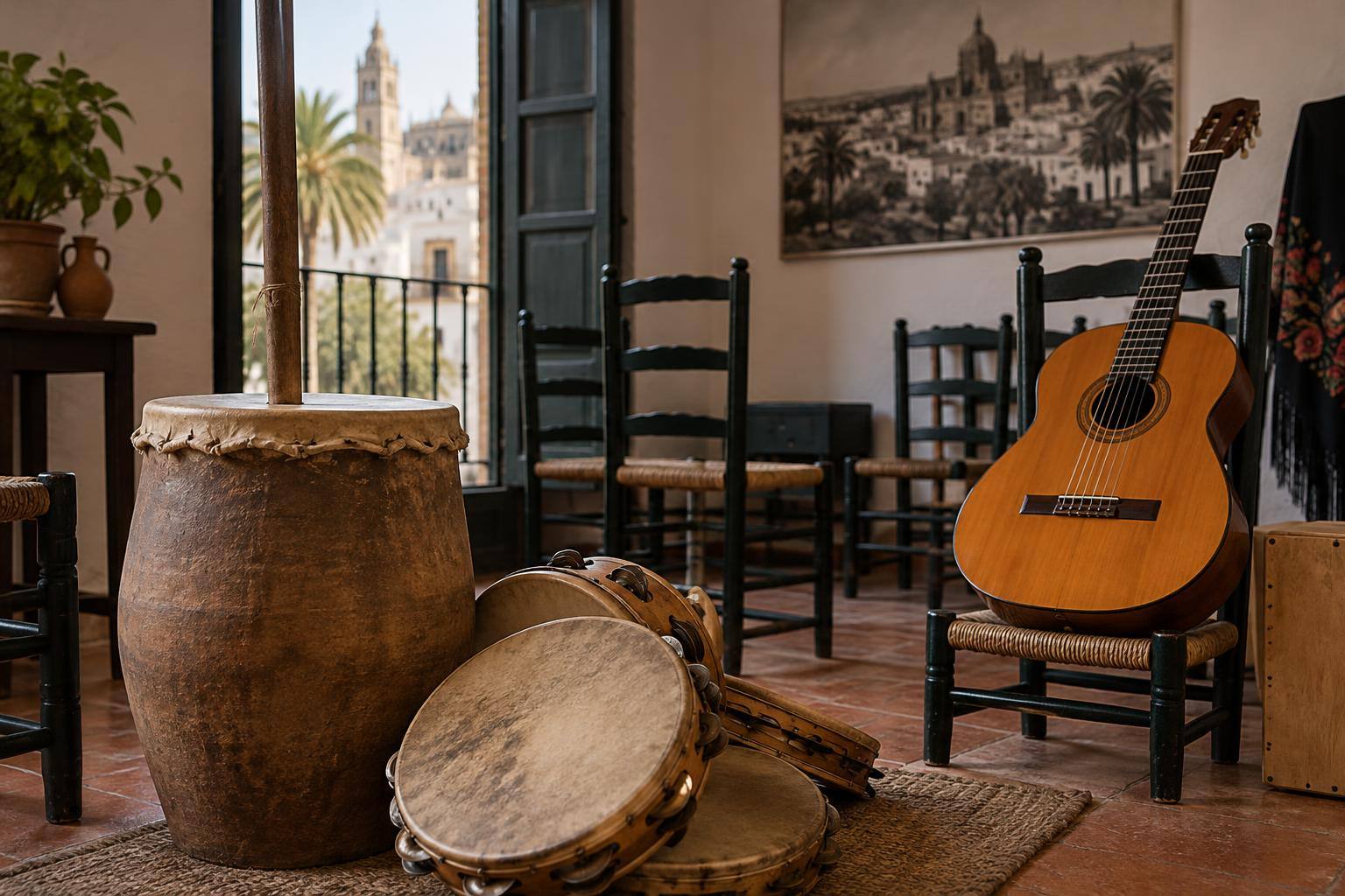 Imagen ilustrativa: Una zambomba y varias panderetas junto a una guitarra española en un espacio de ensayo, sin personas.