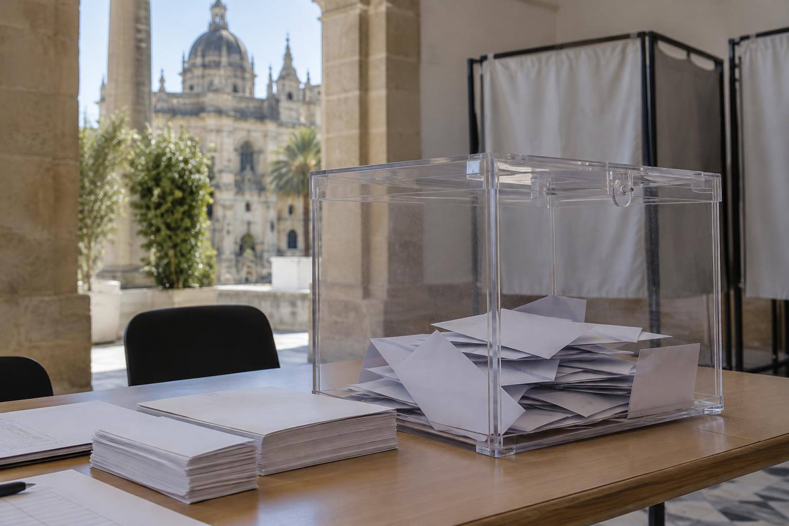 Imagen ilustrativa: Urna electoral transparente sobre una mesa con sobres y papeletas, sin personas reconocibles.