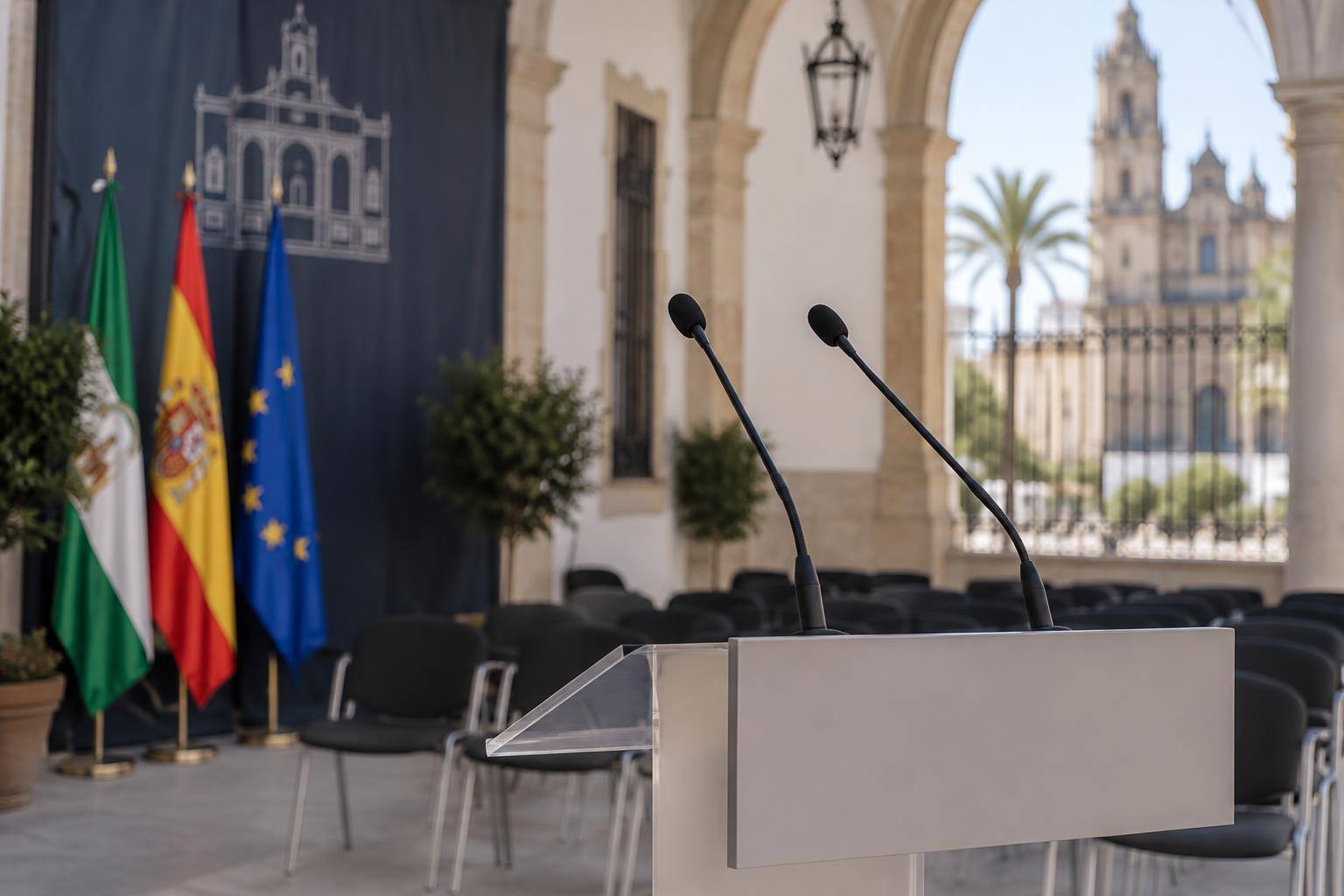 Imagen ilustrativa: Atril con micrófonos en un auditorio preparado para un acto político, sin personas reconocibles.