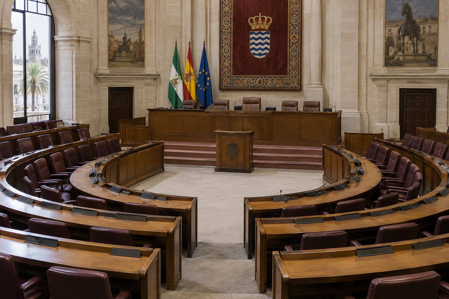 Imagen ilustrativa: Hemiciclo parlamentario vacío, con escaños y una tribuna de oradores, sin personas reconocibles.