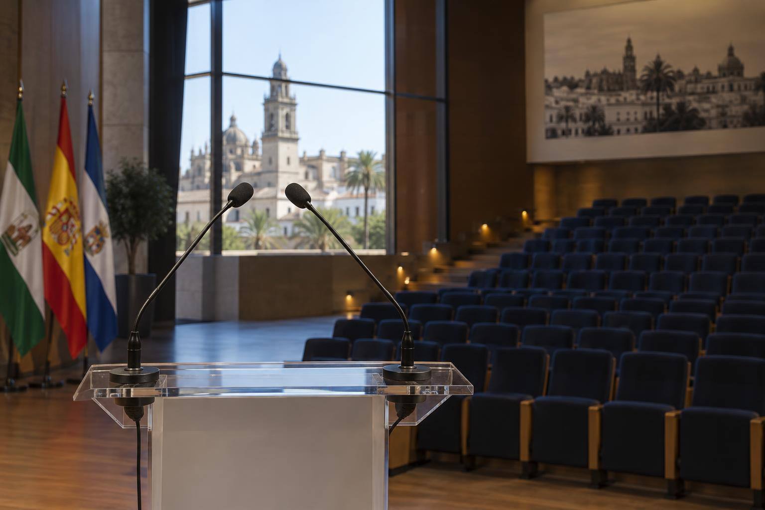 Imagen ilustrativa: Atril con micrófonos sobre el escenario de un auditorio, con filas de butacas y sin personas reconocibles