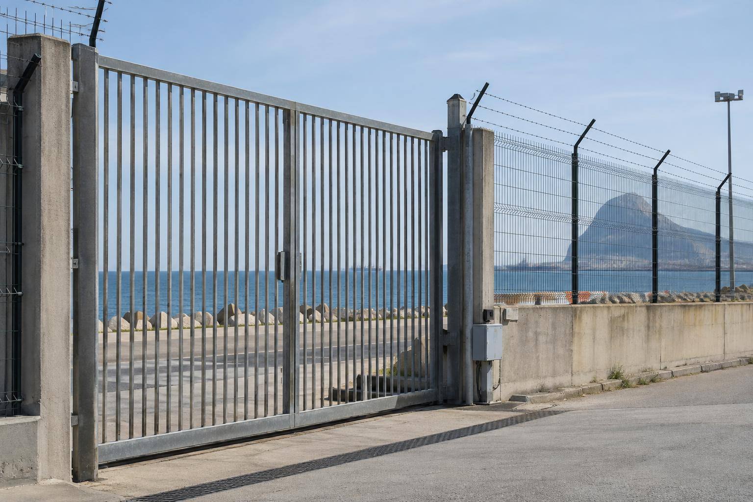 Imagen ilustrativa: Cancela metálica de un recinto fronterizo junto a la costa, sin personas ni distintivos identificables.