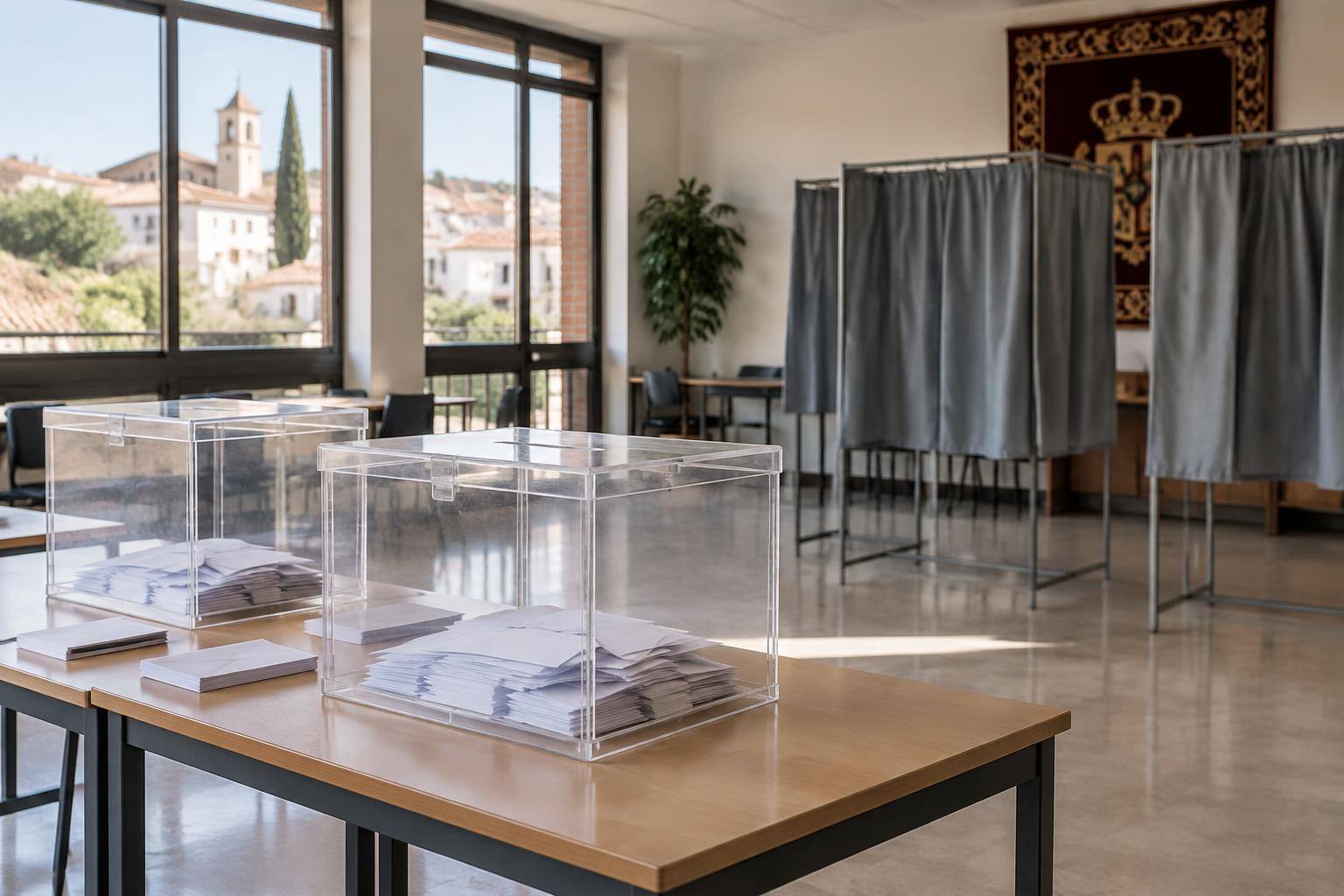 Imagen ilustrativa: Urnas electorales transparentes y cabinas de votación en una sala sin personas ni distintivos de partidos.