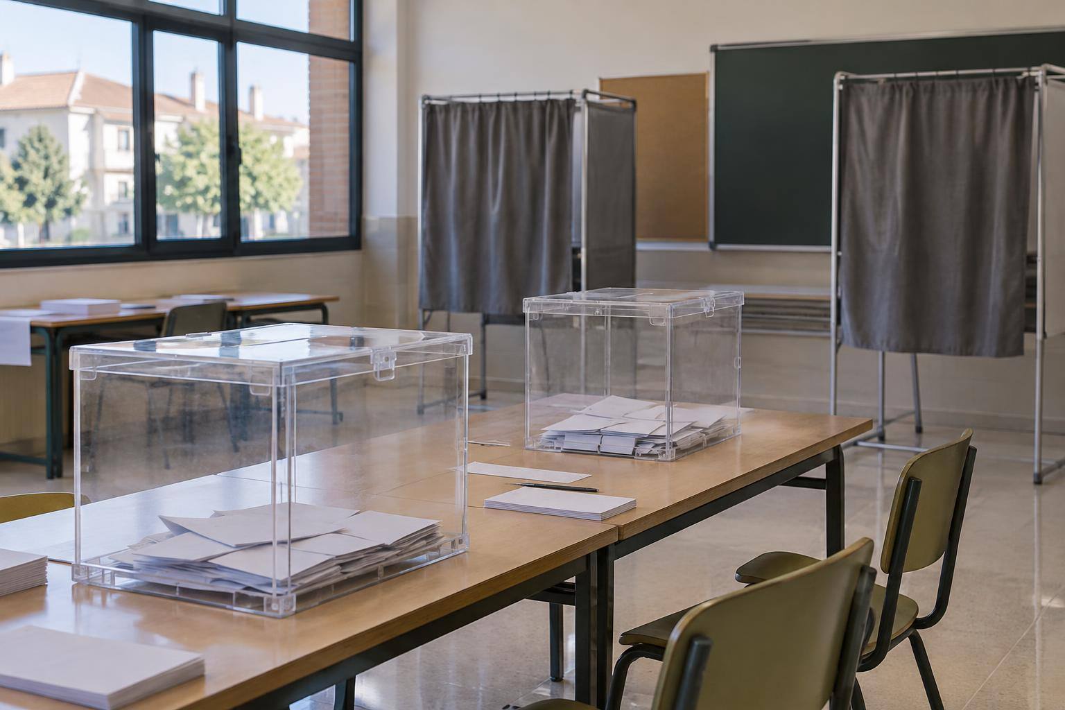 Imagen ilustrativa: Urnas transparentes y cabinas de votación en un colegio electoral vacío, sin logotipos de partidos ni personas reconocibles