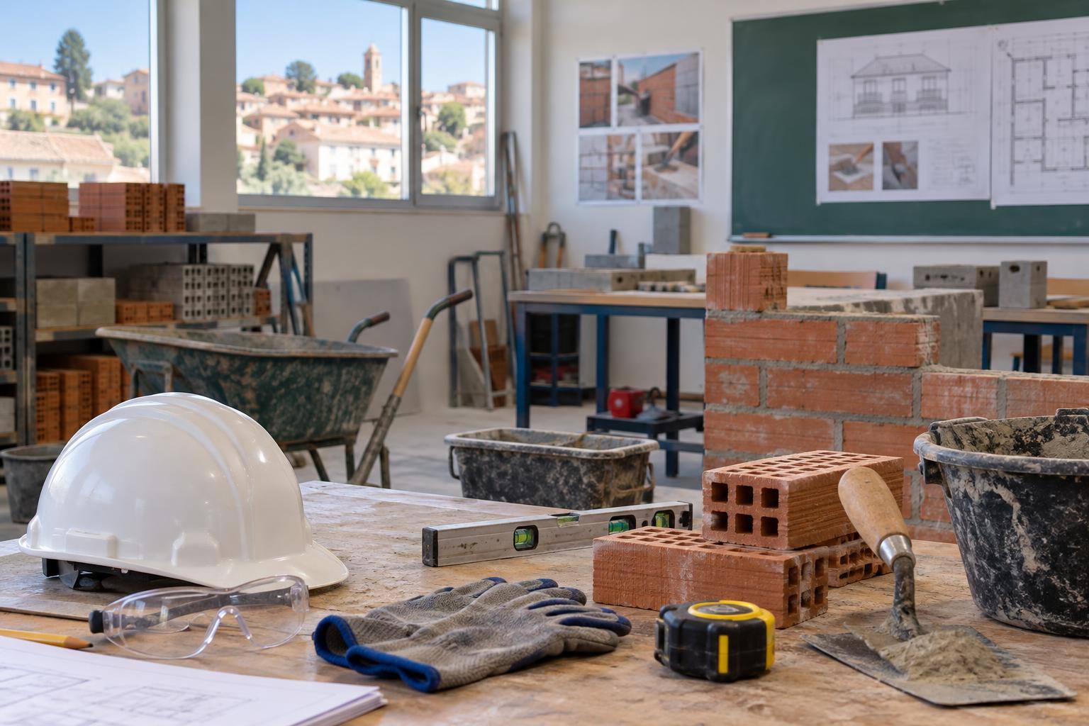 Imagen ilustrativa: Aula de formación en construcción con herramientas, materiales de albañilería y equipos de protección individual, sin personas reconocibles