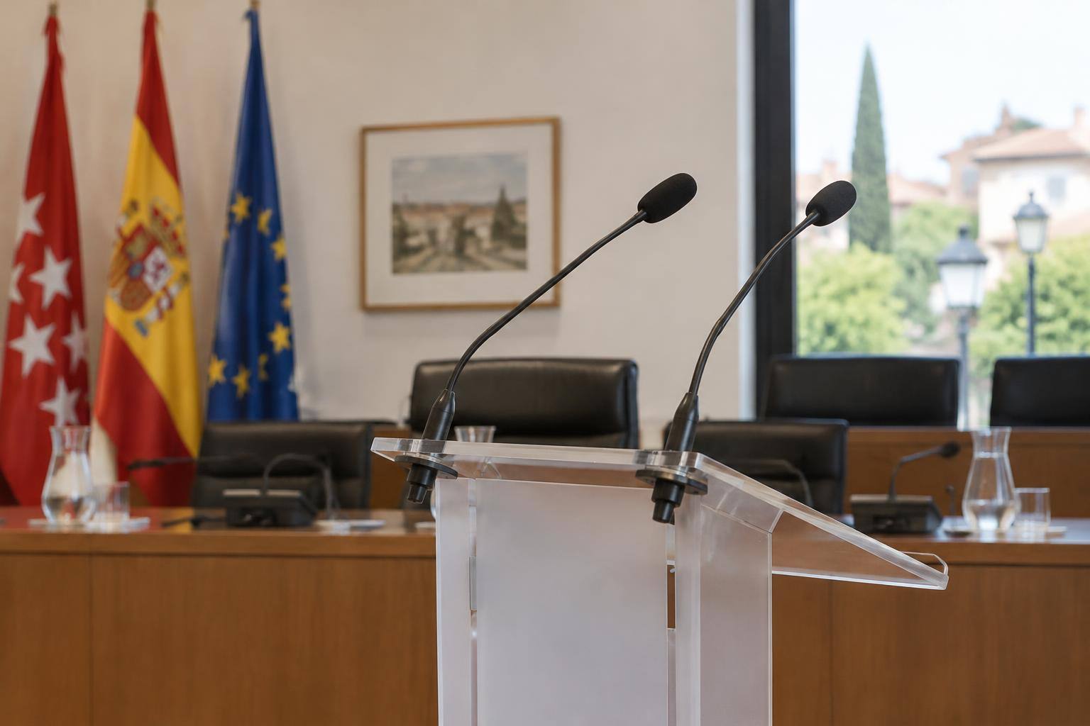 Imagen ilustrativa: Atril con micrófonos en una sala de reuniones políticas, sin personas ni emblemas identificables