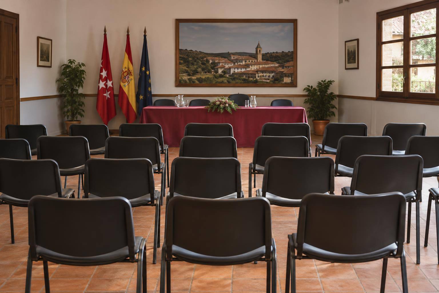 Imagen ilustrativa: Sala de un centro vecinal rural con sillas dispuestas ante una mesa de conferencias, sin personas reconocibles.