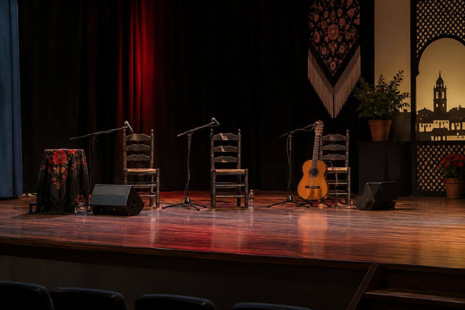 Imagen ilustrativa: Escenario de teatro con suelo de madera e iluminación de ensayo, sin personas, preparado para una actuación de flamenco.