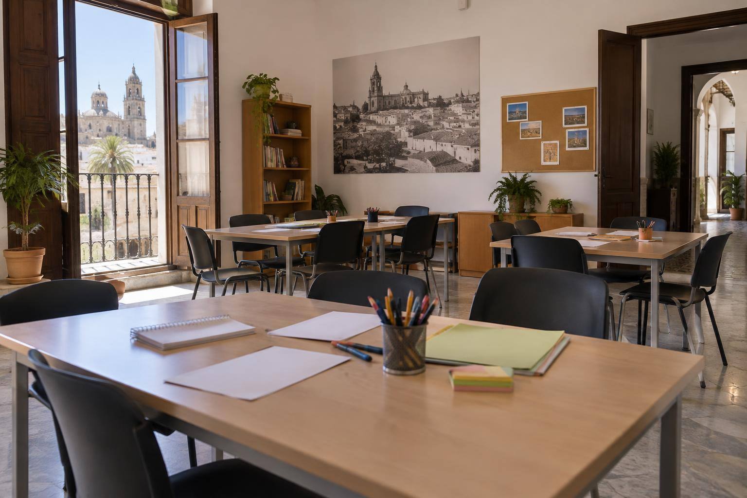 Imagen ilustrativa: Sala de actividades de un albergue con mesas de trabajo en grupo, sillas y material de escritura, sin personas.