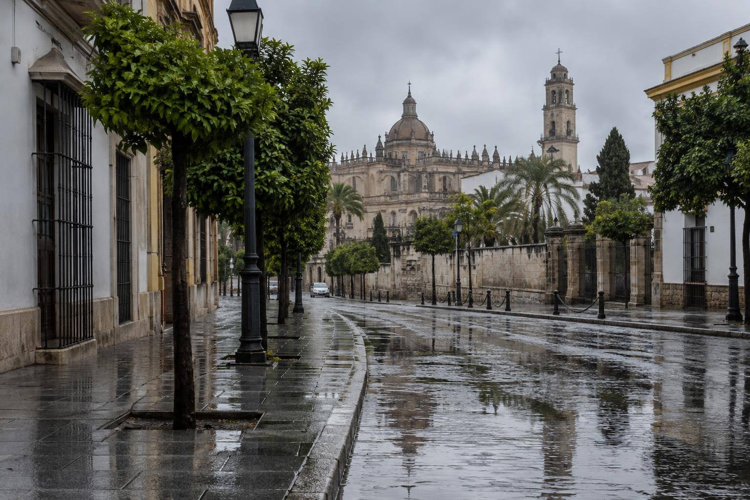 Imagen ilustrativa: Calle urbana bajo la lluvia, con charcos sobre el pavimento y cielo cubierto, sin personas reconocibles