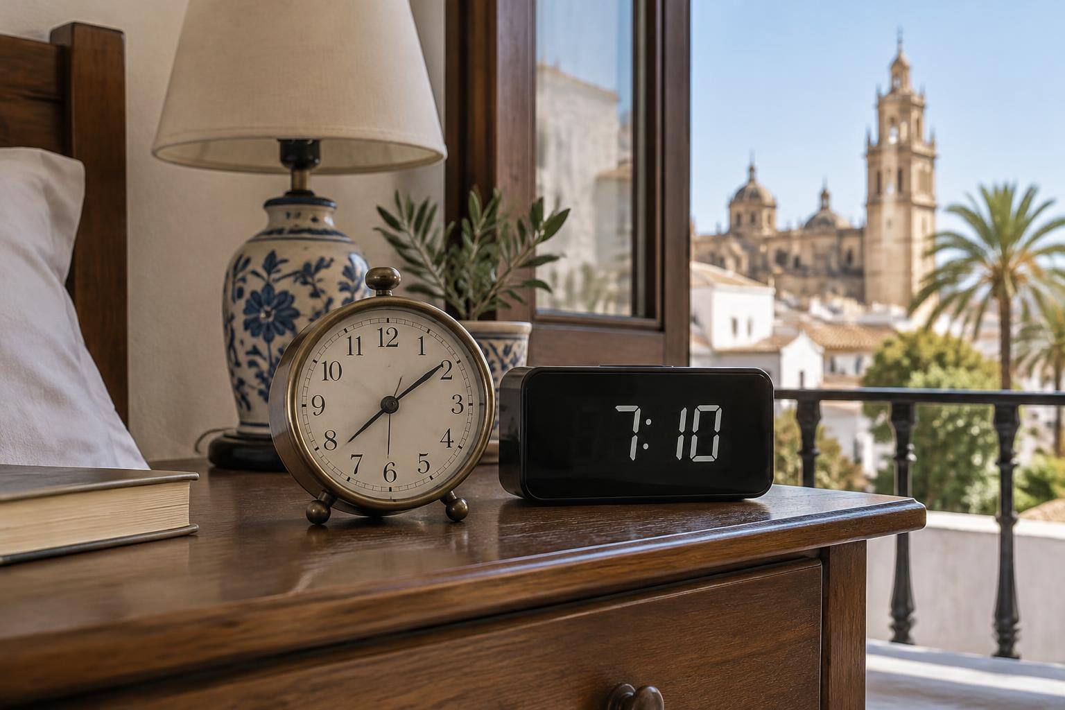 Imagen ilustrativa: Reloj analógico sobre una mesilla junto a un reloj digital, sin personas.