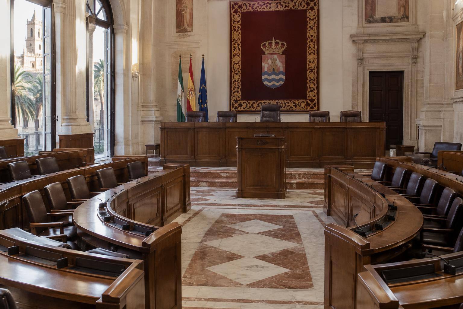 Imagen ilustrativa: Interior de una cámara parlamentaria con escaños y tribuna vacíos, sin personas ni distintivos partidistas.