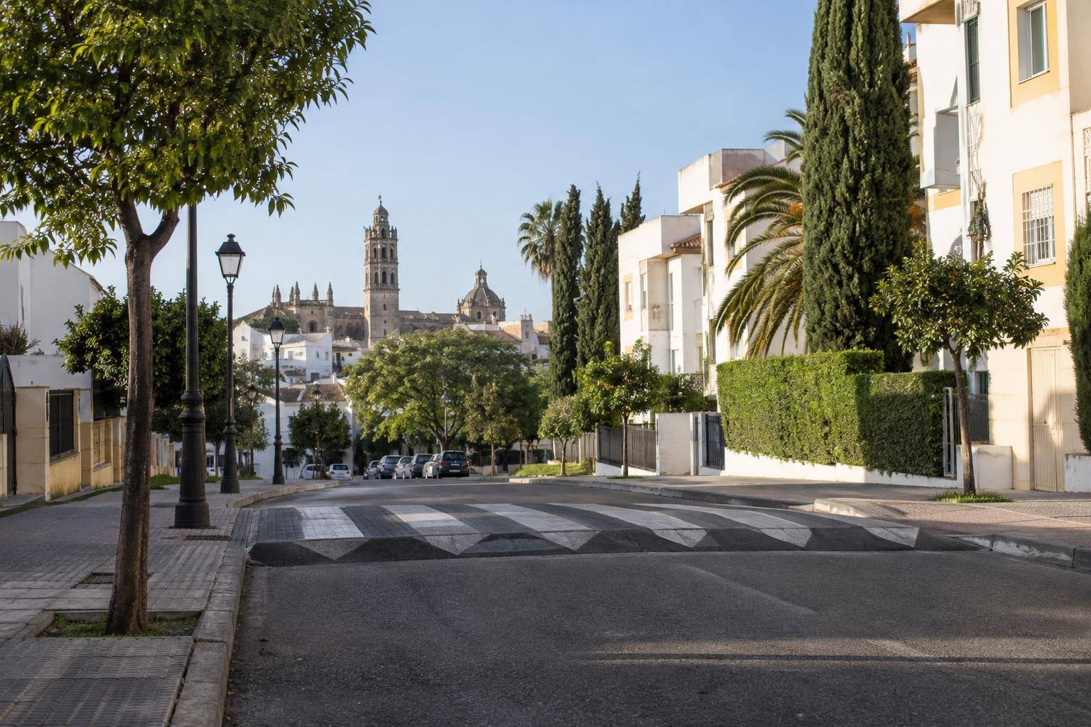Imagen ilustrativa: Calle de una barriada residencial con paso peatonal elevado, farolas y zonas verdes, sin personas reconocibles.