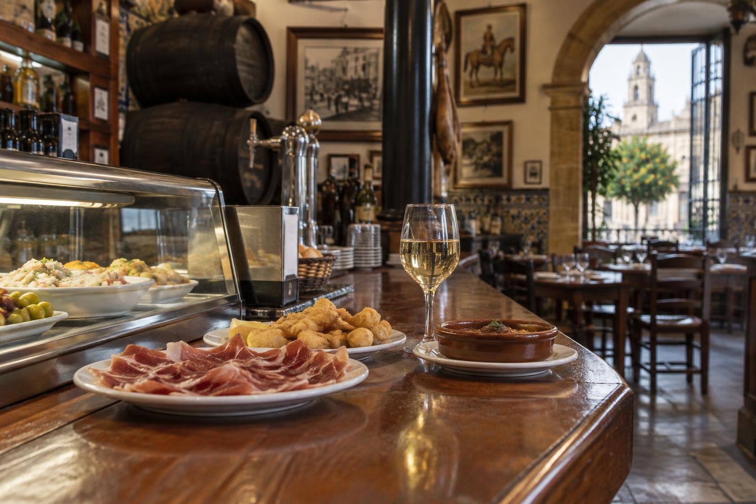 Imagen ilustrativa: Barra de un bar de cocina tradicional andaluza, con platos y mesas al fondo, sin personas reconocibles