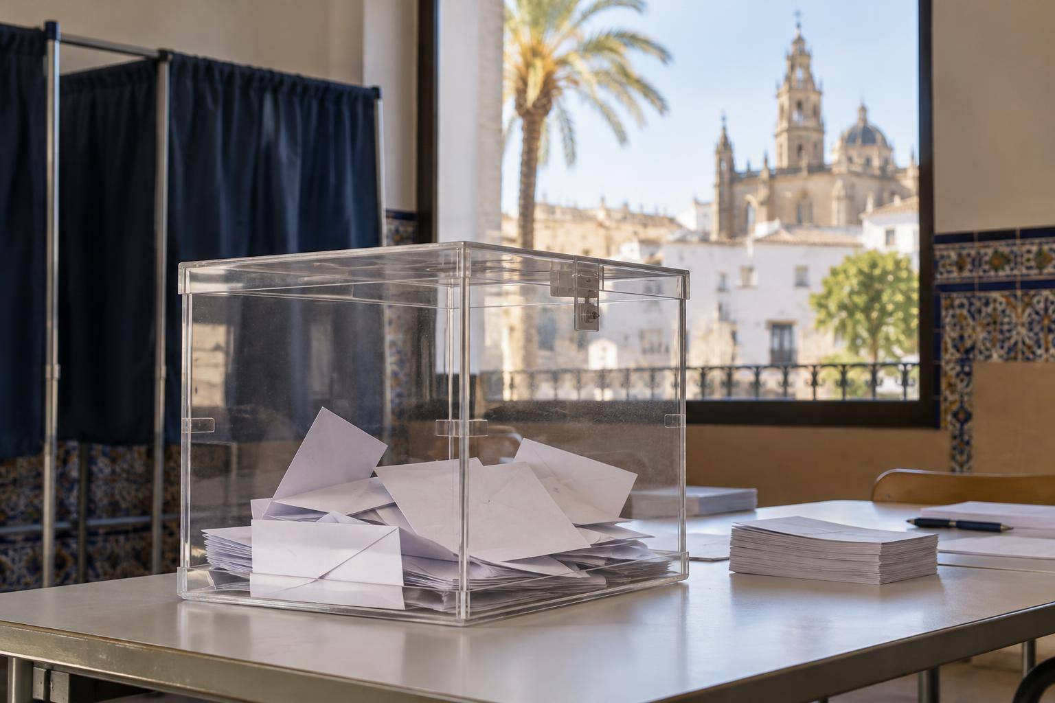 Imagen ilustrativa: Urna electoral transparente sobre una mesa con sobres y papeletas, sin personas ni distintivos de partidos.