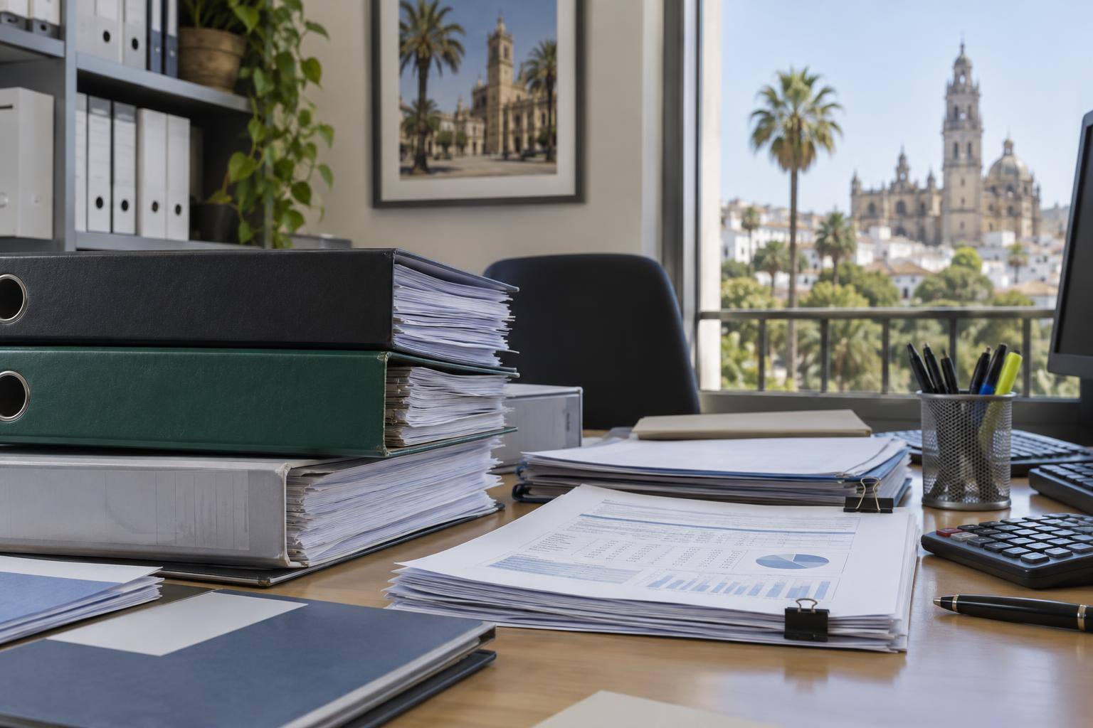 Imagen ilustrativa: Mesa de oficina administrativa con carpetas de expedientes y documentación contable, sin datos personales visibles ni personas reconocibles