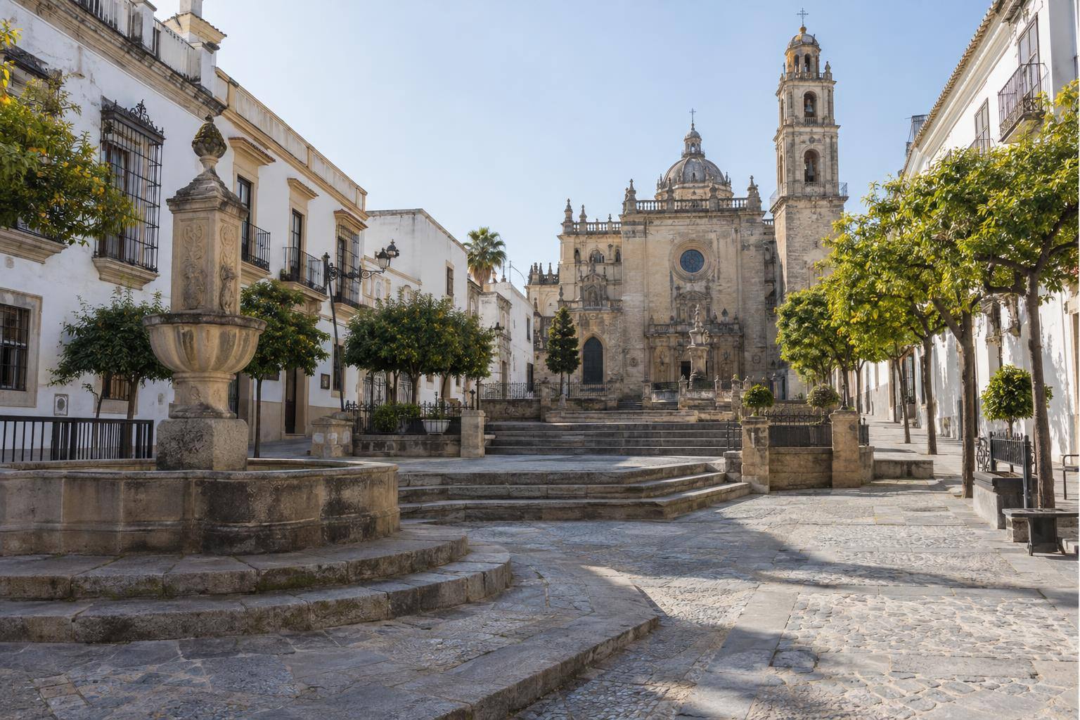 Imagen ilustrativa: Plaza de un casco histórico con pavimento de piedra, desniveles peatonales y una iglesia al fondo, sin personas reconocibles.