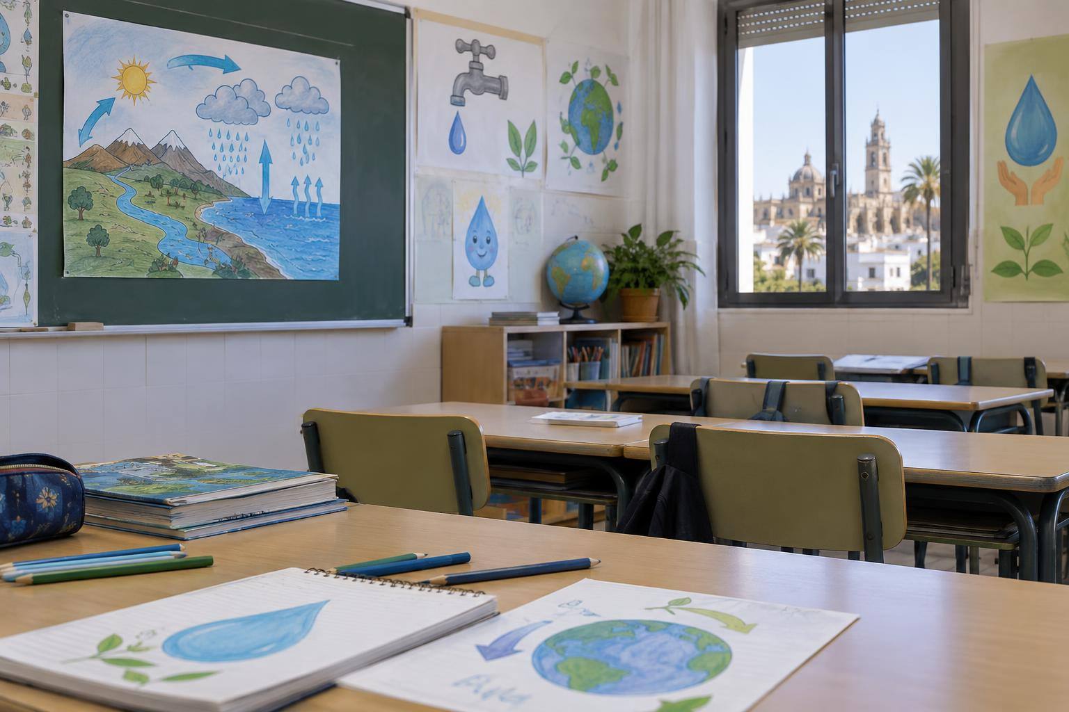 Imagen ilustrativa: Aula escolar sin personas, con materiales didácticos sobre el ciclo del agua y dibujos de hábitos de ahorro.