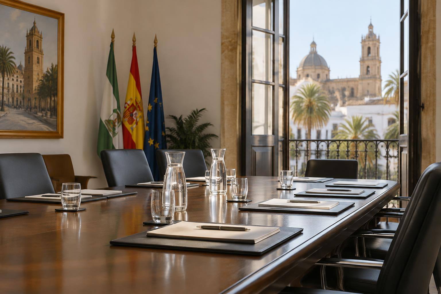 Imagen ilustrativa: Sala de reuniones con una mesa amplia, sillas vacías y carpetas de trabajo, sin logotipos ni personas reconocibles
