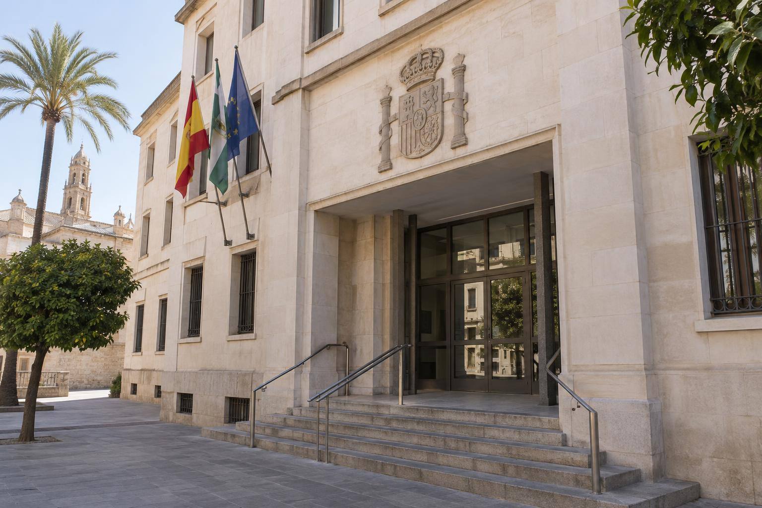 Imagen ilustrativa: Fachada de un edificio judicial con la entrada sin personas reconocibles.