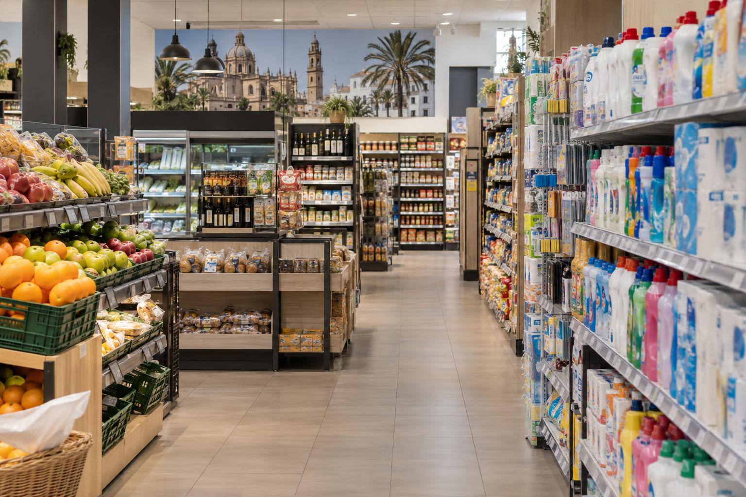 Imagen ilustrativa: Interior de un supermercado con estanterías de alimentación y productos de droguería, sin personas reconocibles.