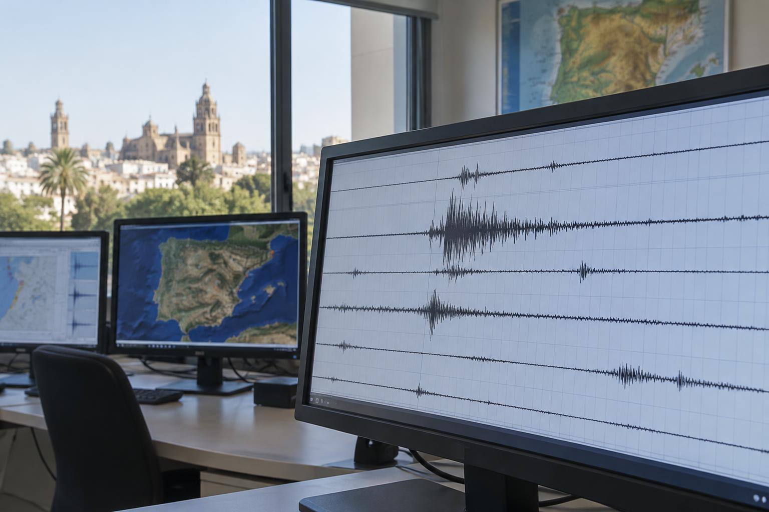 Imagen ilustrativa: Pantalla de seguimiento sísmico con trazados de sismógrafo en una sala de observación, sin personas ni datos identificables