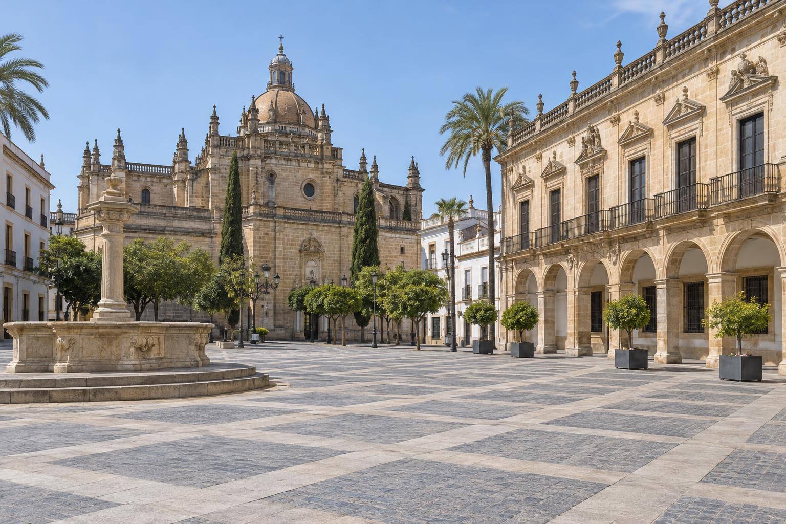 Imagen ilustrativa: Plaza histórica de trazado geométrico con pavimento de piedra y fachadas de arquitectura civil renacentista, sin personas reconocibles