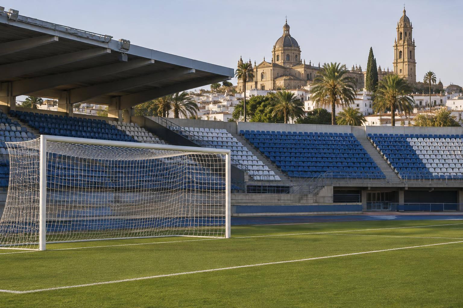 Imagen ilustrativa: Campo de fútbol con una portería sobre el césped y gradas al fondo, sin personas reconocibles.