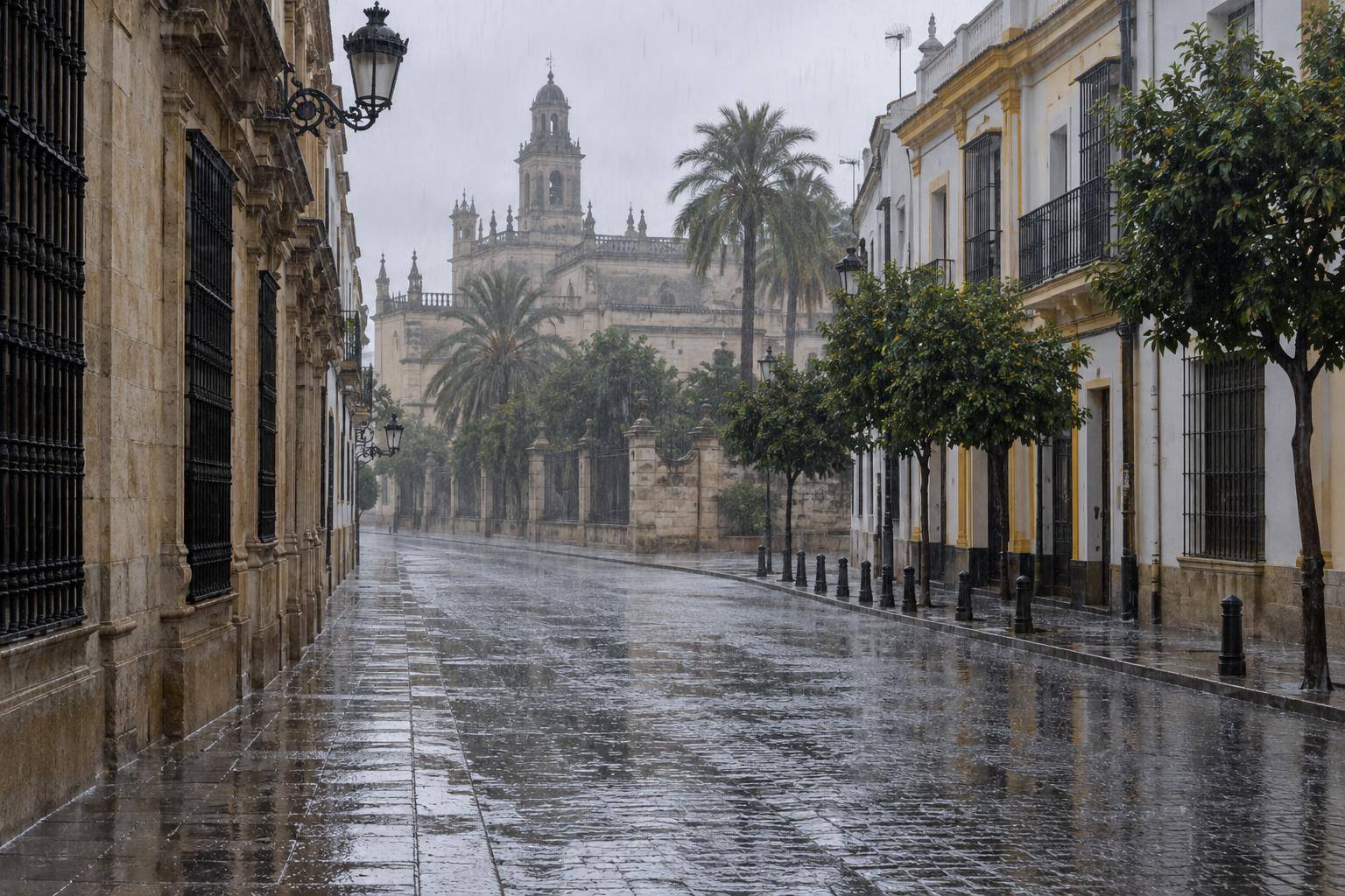 Imagen ilustrativa: Calle urbana bajo lluvia intensa, con pavimento mojado y sin personas ni vehículos reconocibles
