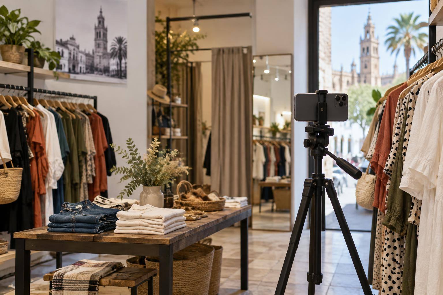 Imagen ilustrativa: Interior de una tienda de ropa con prendas en percheros y un teléfono móvil sobre un trípode, sin personas reconocibles