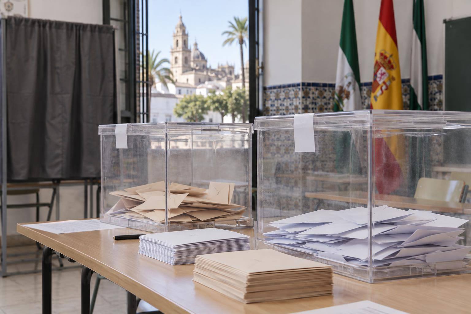 Imagen ilustrativa: Urnas transparentes y sobres de votación sobre una mesa de un colegio electoral, sin personas reconocibles