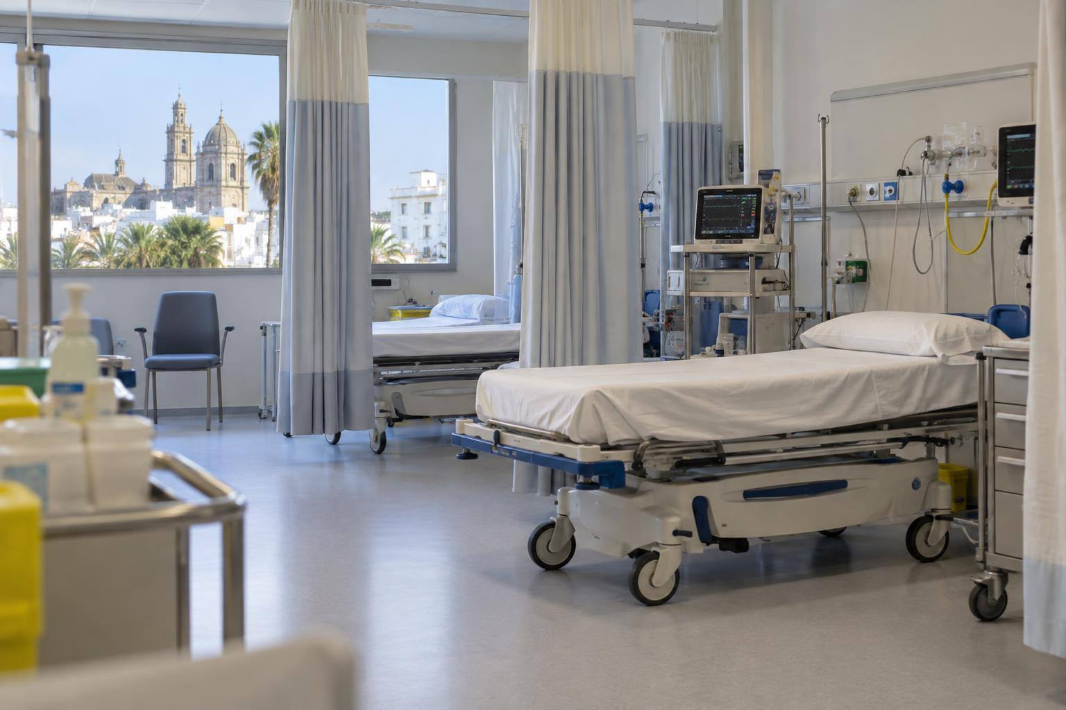 Imagen ilustrativa: Zona de observación hospitalaria con camas separadas por cortinas y equipamiento asistencial, sin personas identificables