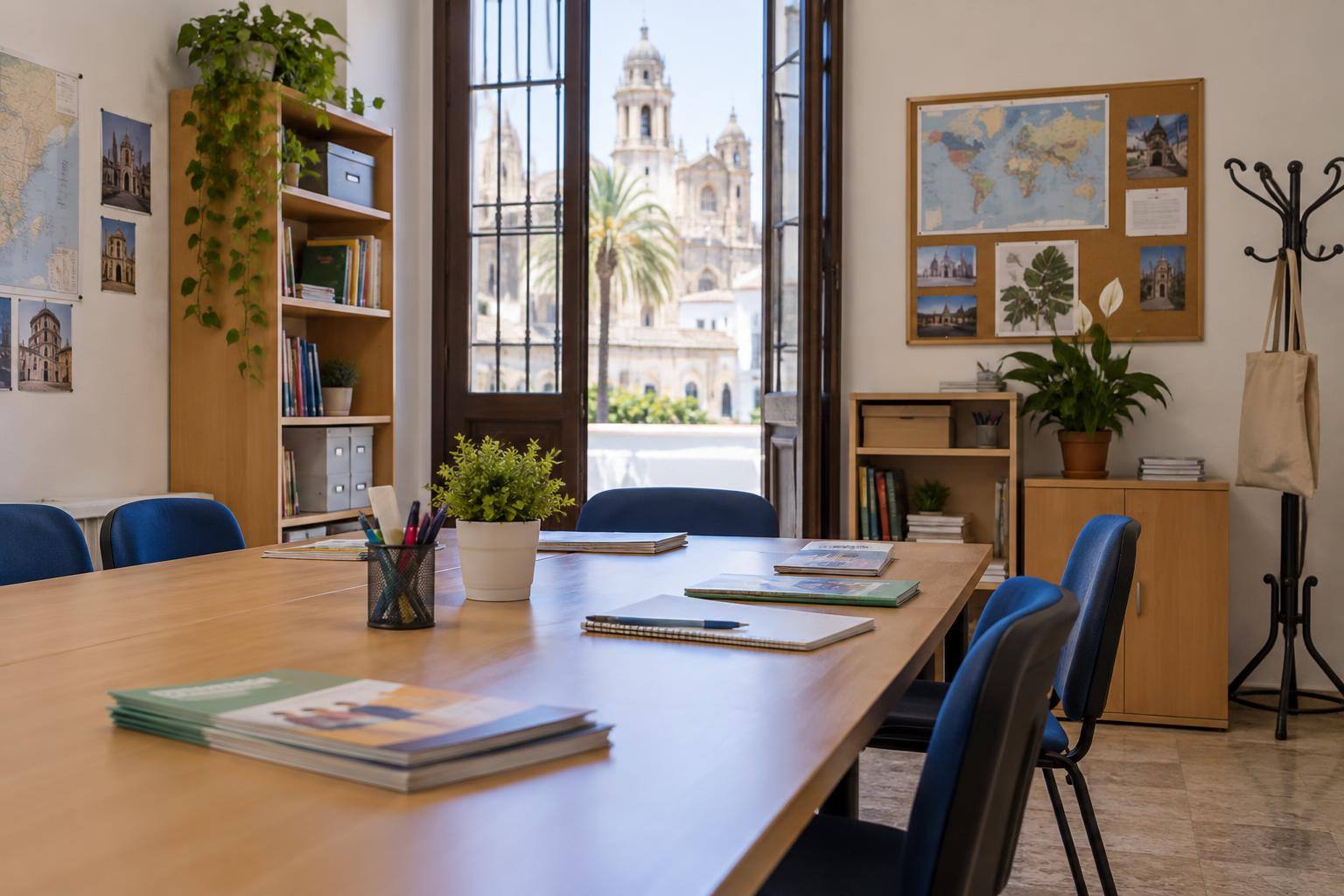 Imagen ilustrativa: Sala de una asociación de acogida con una mesa de reuniones, sillas y materiales educativos, sin personas.