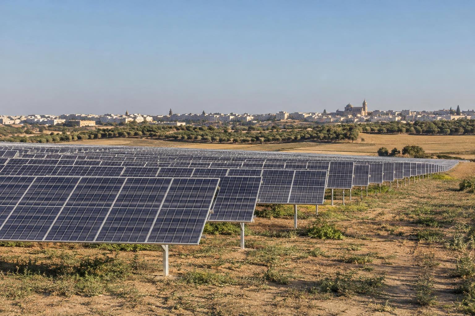 Imagen ilustrativa: Filas de paneles solares fotovoltaicos en un terreno rural, sin personas ni elementos identificables.
