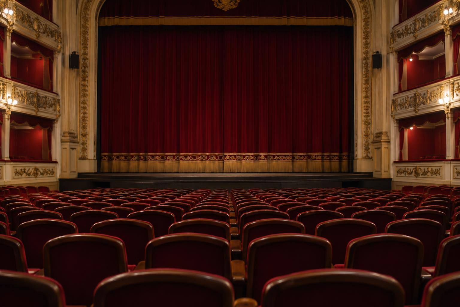Imagen ilustrativa: Interior de un teatro vacío, con filas de butacas y el telón cerrado, sin personas reconocibles.