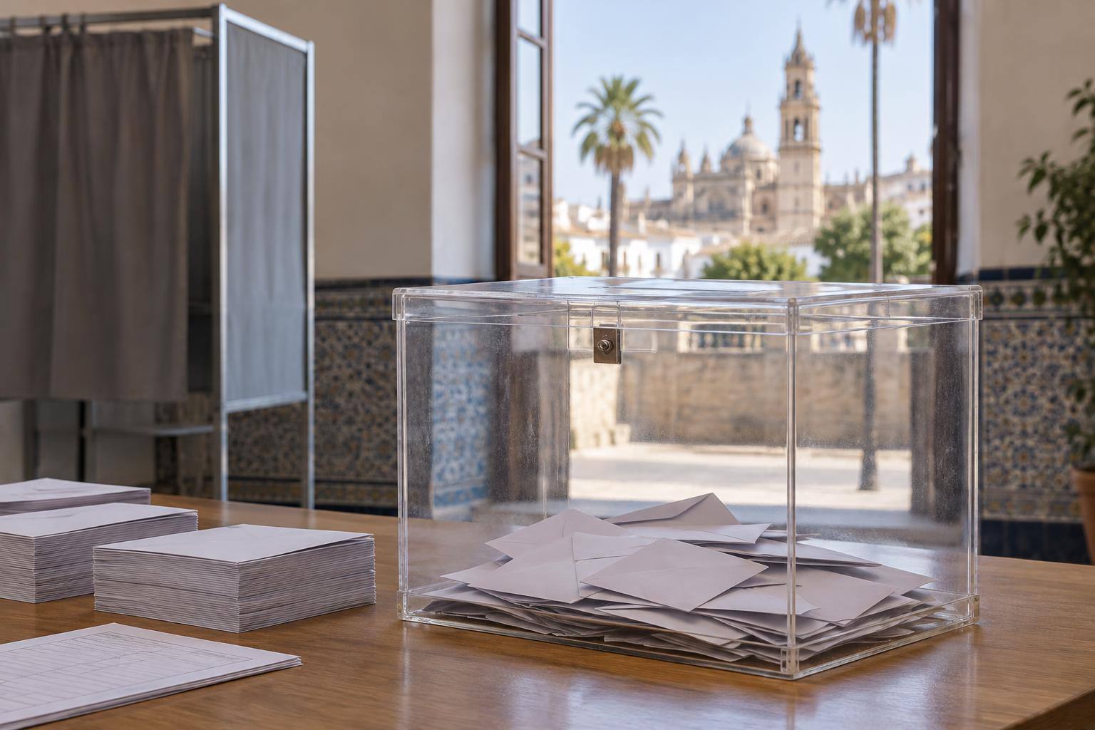 Imagen ilustrativa: Urna electoral transparente sobre una mesa con sobres y papeletas, sin personas ni símbolos de partidos