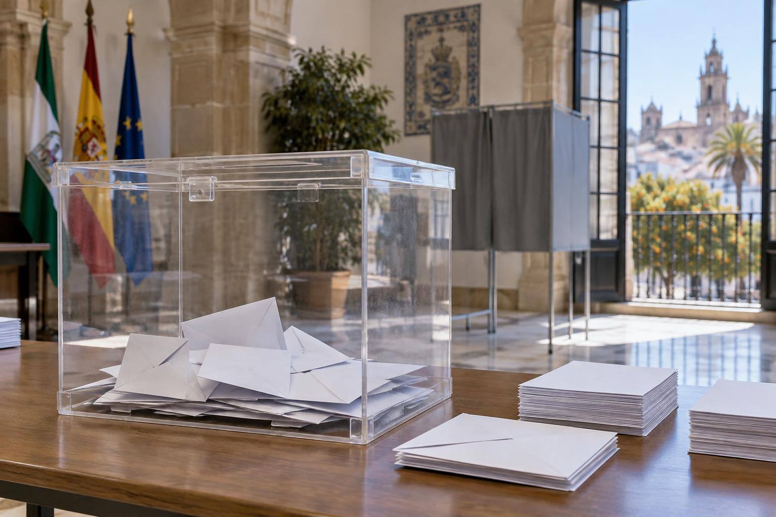 Imagen ilustrativa: Urna electoral transparente junto a sobres y papeletas sobre una mesa, sin personas ni logotipos de partidos
