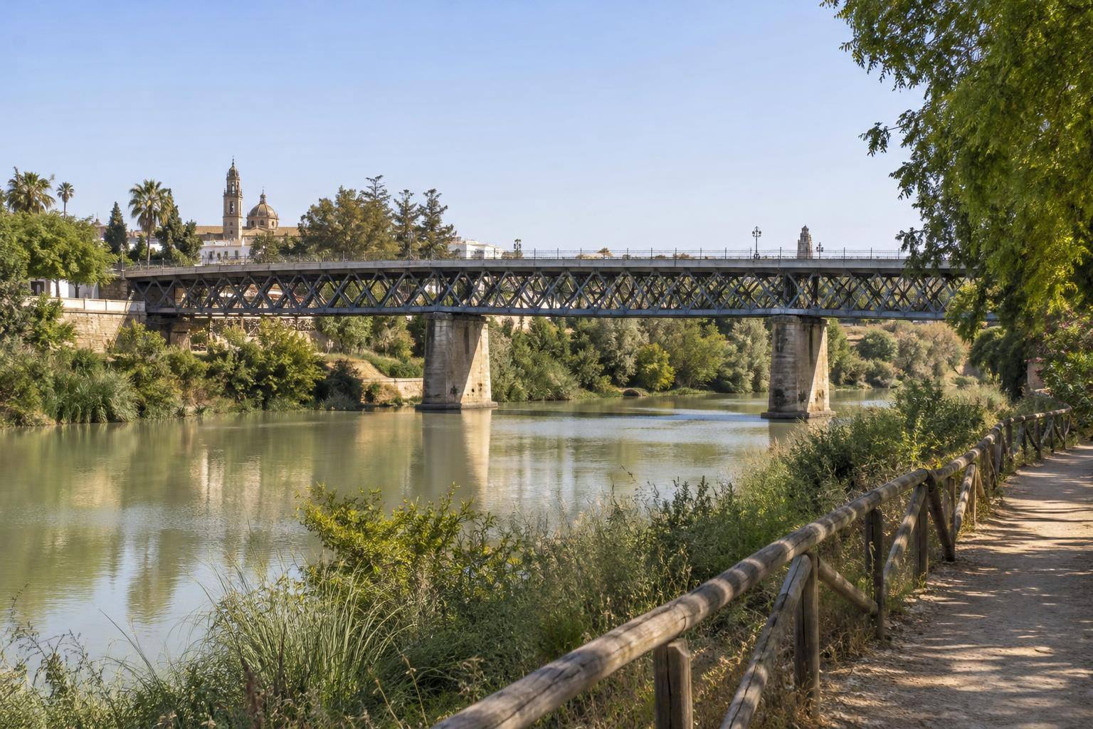 Imagen ilustrativa: Puente de estructura metálica sobre un río, con vegetación de ribera y un sendero junto al cauce, sin personas reconocibles.