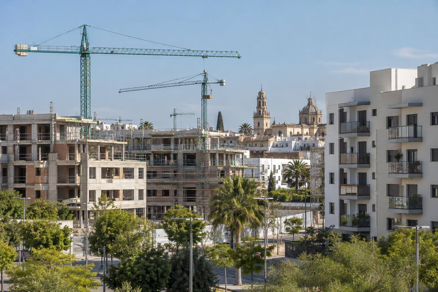 Imagen ilustrativa: Bloques de viviendas en construcción con grúas junto a edificios residenciales terminados, sin personas reconocibles